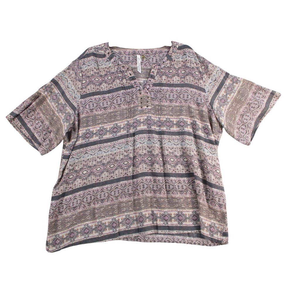NY Collection Woman 3X Boho Geometric Print Studded V-Neck Blouse Mauve Brown